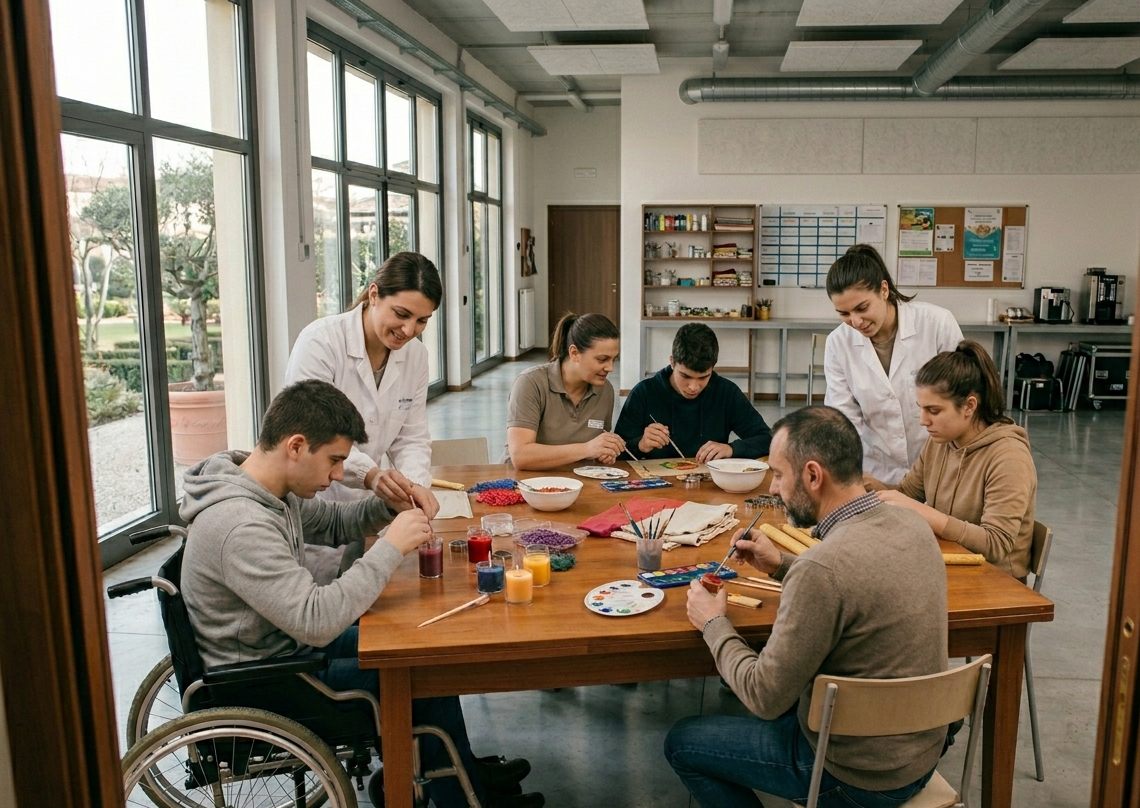 Immagine generata dall'ia che raffigura un gruppo di ragazzi che svolgono attività ricreative all'interno di un centro con personale addetto
