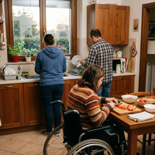 Immagine generata dall'IA che raffigura tre persone di cui una in sedia a rotelle che vivono la quotidianità di una casa insieme